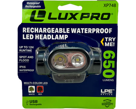 LuxPro® LPE Optics Rechargeable Waterproof LED Headlamp 650 Lumens