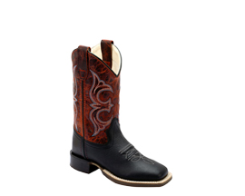 Old West Youth Broad Square Toe Boots Western, Black Foot/Burnt Red 