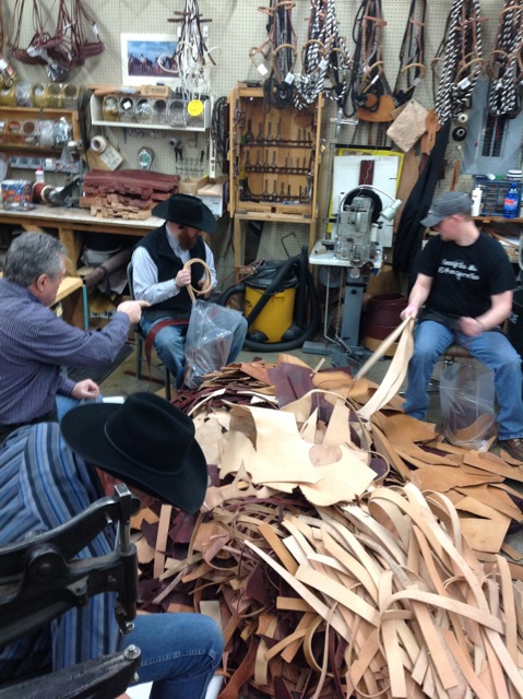 Dave, Steve, Marty and Tom sorting leather in our Western Tack Shop in the early 2000s.
