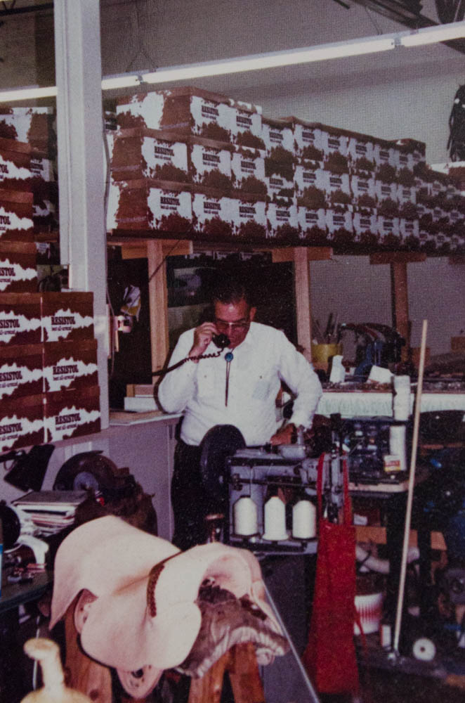 Bert Smith working in the saddle shop around 1980.