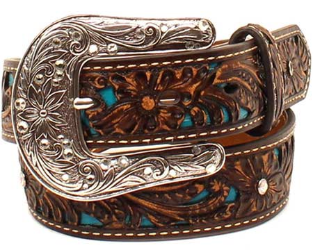 Ariat® Girls' Paisley Tooled Leather Belt with Turquoise Underlay