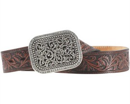 Ariat® Women's Floral Embossed Dark Brown Leather Belt