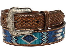 Ariat® Men's Blue Southwestern and Tooled Dark Brown Leather Belt