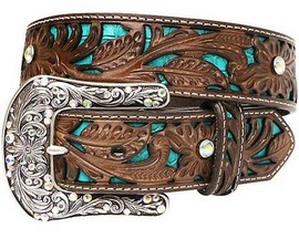 Ariat® Women's Paisley Tooled Leather Belt with Turquoise Underlay