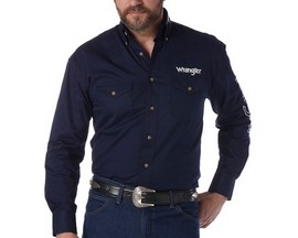 Wrangler® Men's Logo Long Sleeve Button Down Shirt - Navy