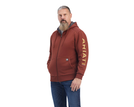 Ariat® Men's Rebar All-Weather Full Zip Hoodie in Cherry Mahogany/Antique Gold