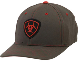 Ariat® Men's Fabric Flexfit Hat with Shield Logo Patch - Gray / Red