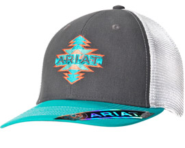 Ariat® Youth's Mesh Adjustable Hat with Aztec Logo - Gray / Turquoise