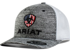 Ariat® Men's Mesh Adjustable Hat with Shield & Text Logo - Heather Gray / American Flag