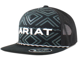 Ariat® Men's Mesh Adjustable Hat with Aztec Pattern & Rope Accent - Black