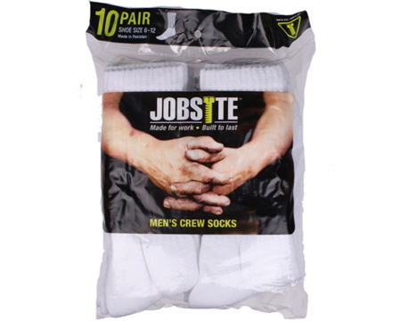 Job Site&reg; Men's Casual Cushion Crew� 10PK Yellow Band Socks - White