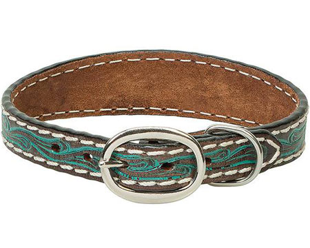 Weaver Equine® Carved Turquoise Flower Leather Dog Collar - 1 in.