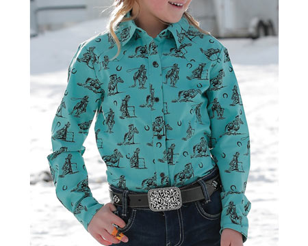 Cruel® Denim Girl's Western Print Button-Down Long Sleeve Dress Shirt - Turquoise