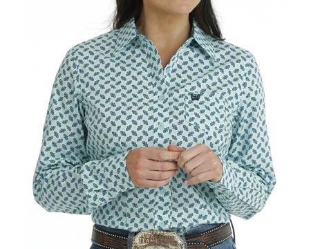 Cinch® Women's Geometric Print Button-Down Long Sleeve Western Shirt - Light Blue