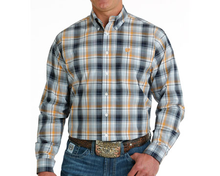 Cinch® Men's Plaid Button-Down Long Sleeve Western Shirt - Light Blue, Navy & Orange