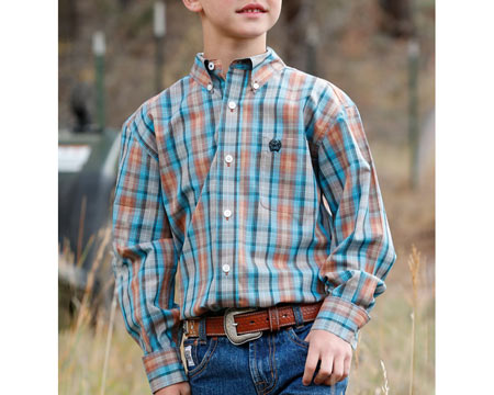 Cinch® Boy's Plaid Button-Down Long Sleeve Western Shirt - Blue & Orange