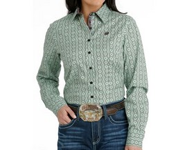 Cinch® Women's Geometric Print Button-Down Long Sleeve Western Shirt - Lime Green & Brown