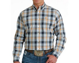 Cinch® Men's Plaid Button-Down Long Sleeve Western Shirt - Light Blue, Navy & Orange