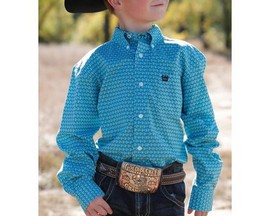 Cinch® Boy's Geometric Print Button-Down Long Sleeve Western Shirt - Turquoise