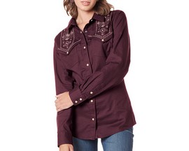 Wrangler® Women's Embroidered Yoke Long Sleeve Western Shirt - Wine Tasting