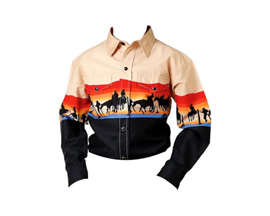 Roper® Boy's Vintage Scenic Print Long Sleeve Western Shirt - Tan