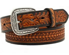 Ariat® Men's Embossed Floral Tab Leather Western Belt- Brown