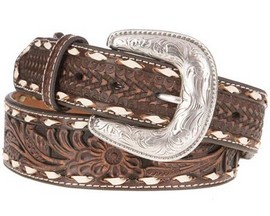 Ariat® Men's Floral Embossed Pierced Leather Western Belt - Brown & Cream