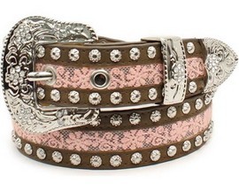 Ariat® Girl's Floral Lace Studded Belt - Pink & Brown