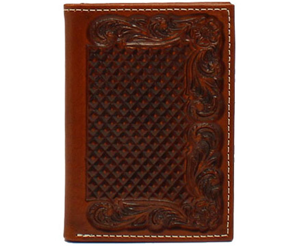 Ariat® Men's Trifold Basketweave Floral Embossed Leather Wallet - Brown