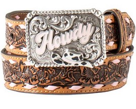 Angel Ranch® Girl's Floral Embossed Howdy Western Belt - Pink & Brown