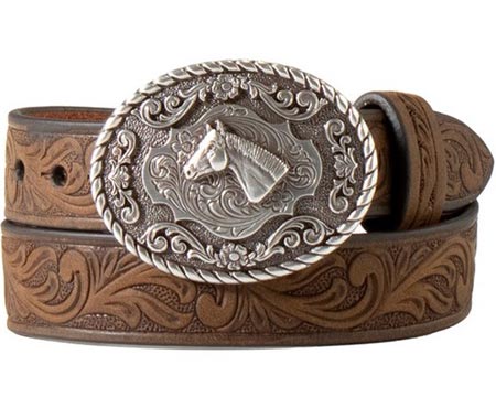 Nocona® Infant Kid's Floral Embossed Western Belt with Scrolling Horse Buckle - Brown