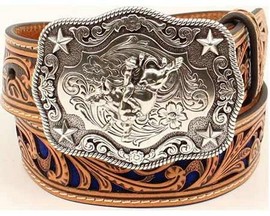 Nocona® Kid's Pierced Floral Western Belt with Colored Underlay - Blue