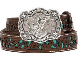 Nocona® Kid's Pierced Floral Western Belt with Colored Underlay - Turquoise