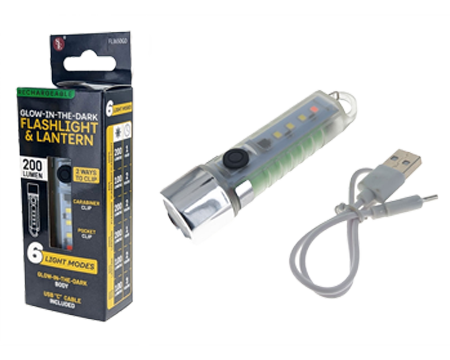 200 Lumen 3.75'' Rechargeable Glow-in-the-Dark Multi-Function Flashlight