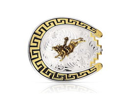 Montana Silversmiths® 2 Tone Horseshoe-Shaped Bull Rider Buckle