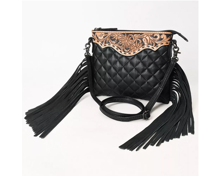 Tooled Leather Western Crossbody Bag - Black