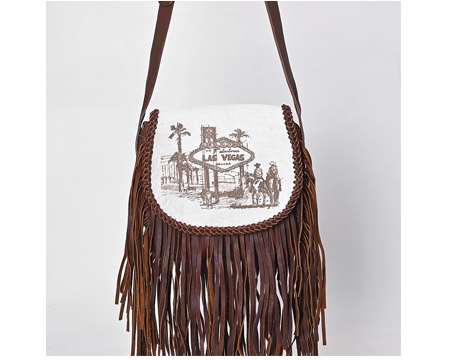 Genuine Leather Crossbody Bag with Fringe and Vegas Design