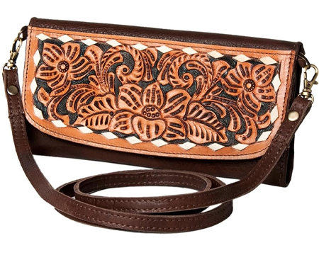 American Darling Hand Tooled Leather Clutch Purse with Shoulder Strap