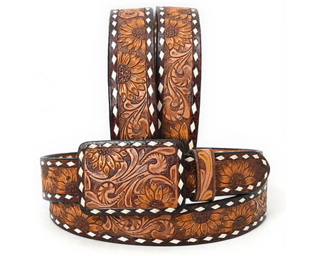 Genuine Hand Tooled Leather Western Belt - Unisex Large