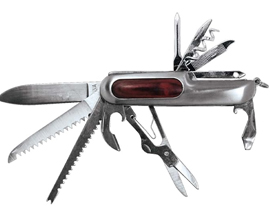 14 In 1 Multitool Knife - Stainless Steel with Wood Insert