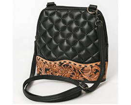 American Darling Black Quilted Leather Crossbody Bag with Floral Tooled Border