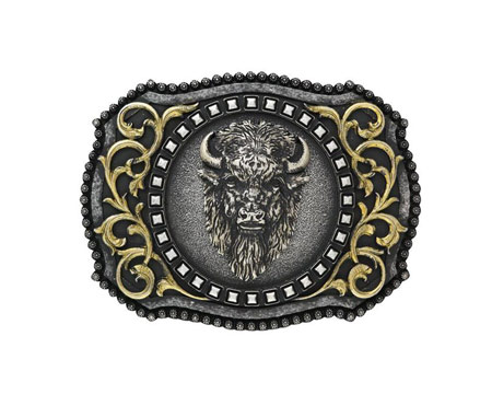 Nocona&reg; Rectangle Berry Edging Buffalo Head Motif Antique Belt Buckle - Silver