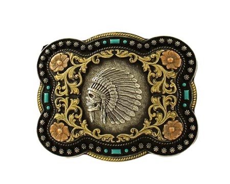 Nocona&reg; Rectangle Indian Chief Skull Motif Antique Belt Buckle - Silver