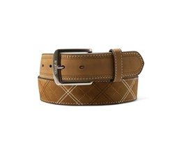 Ariat® 46 in. Men's Leather Cross Stitch Aged Bark Engraved Buckle Belt - Brown