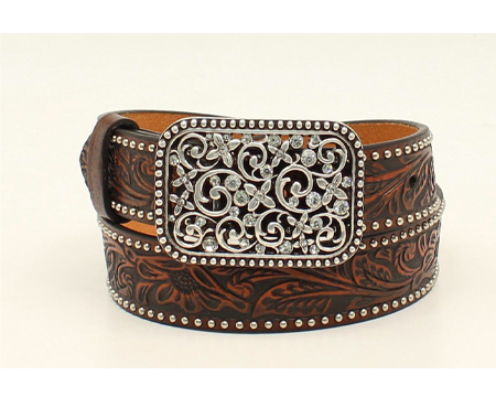 Ariat&reg; 22 in. Girl's Leather Embossed Floral Studded Belt - Brown