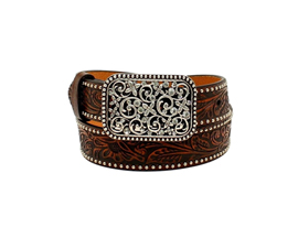 Ariat® 26 in. Girl's Leather Embossed Floral Studded Belt - Brown