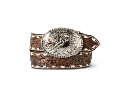 Ariat&reg; 30 in. Boys Handtooled Floral Pattern Buck Lace Stitched Leather Belt - Brown