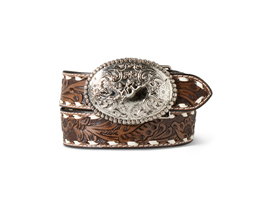 Ariat® 30 in. Boys Handtooled Floral Pattern Buck Lace Stitched Leather Belt - Brown