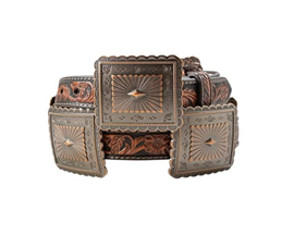 Ariat® Women's Large Floral Embossed Scalloped Concho Leather Belt - Brown