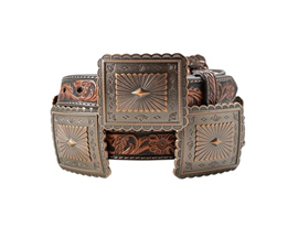 Ariat® Women's Medium Floral Embossed Scalloped Concho Leather Belt - Brown
